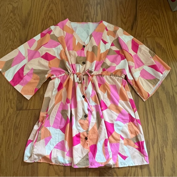 Tops - Colorful Abstract Button-Down Shirt Dress Tunic Top 3XL XXXL Multi swim cover up